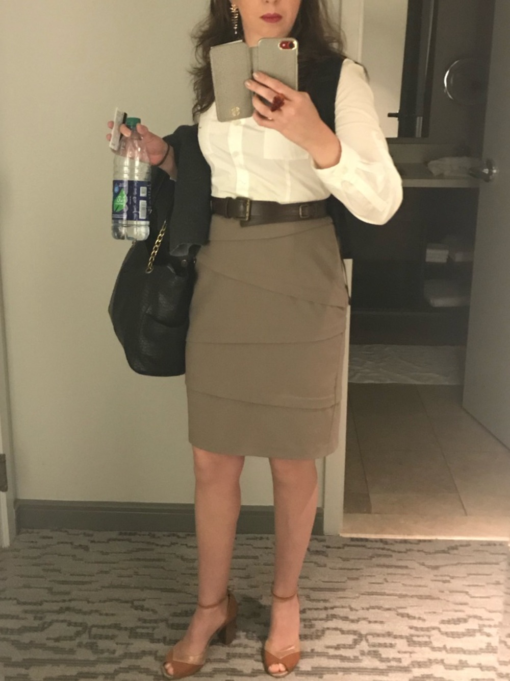 Calvin Klein Taupe Midi Pencil Dress with Panel Detail